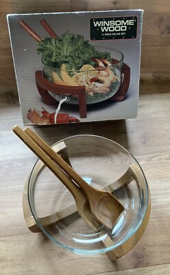 Vintage Winsome Natur Teak Holz 4 Stück Salatschüssel Set Mid Century Modern MCM
