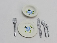Vintage Dollhouse Miniature Dinner Plate Salad Plate Fork Knife and Spoon NOS