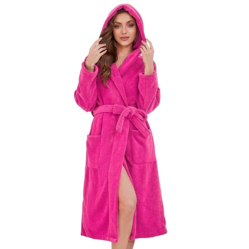 Womens Comfortable Fleece Hooded Robe,Long Soft Warm Bathrobe,Large/XLarge Rose