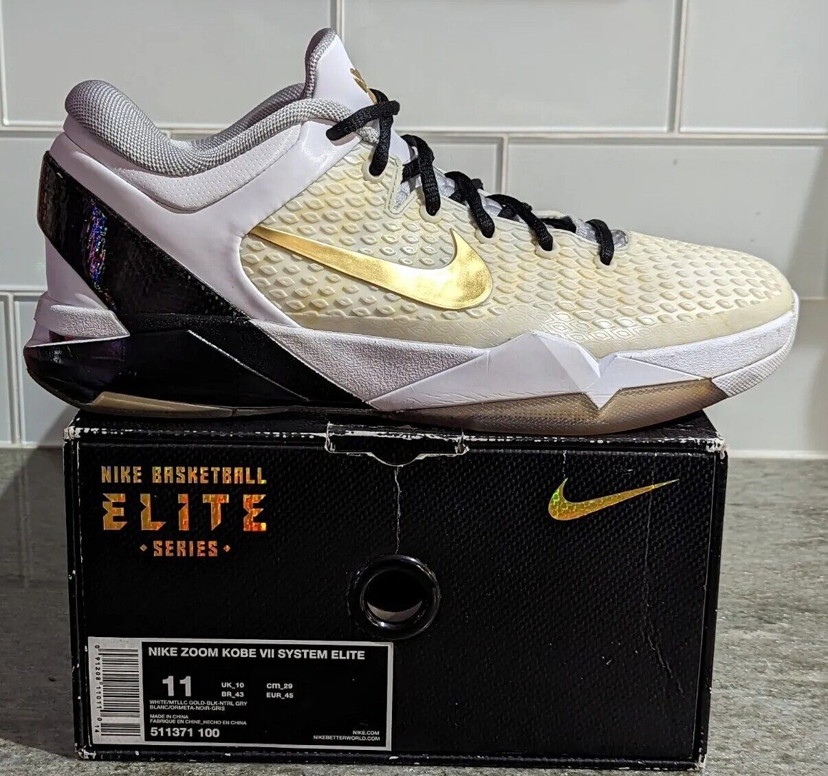 Nike Zoom Kobe 7 VII System Elite #511371 100 White Metallic Gold Size 11