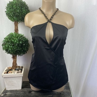 Cache Black Sleeveless Chain Trim Plunge Front Top Blouse XS NEW