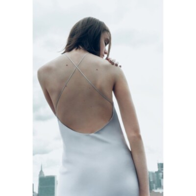 zara satin dress with spaghetti straps Zara - Satin Strappy Midi Dress - Light Blue - S