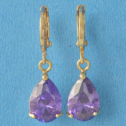 New Yellow Gold Filled Amethyst Purple CZ Pear Shape Teardrop Dangle Earrings - Picture 1 of 4
