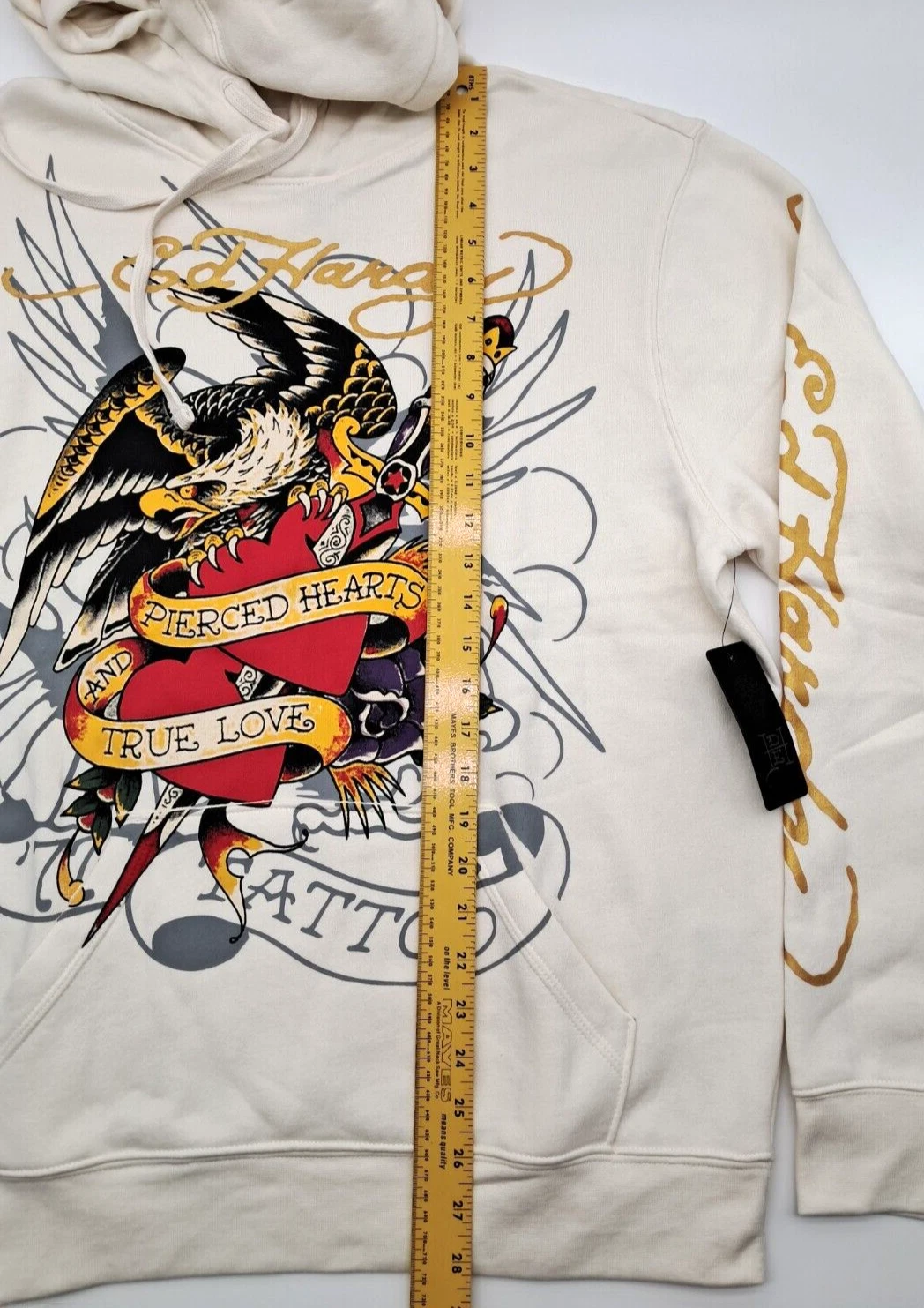 OFF WHITE Ed Hardy Pullover Grafica Felpa con Cappuccio Tg GRANDE Cuori Traforati Vero Amore Tatuaggio Aquila