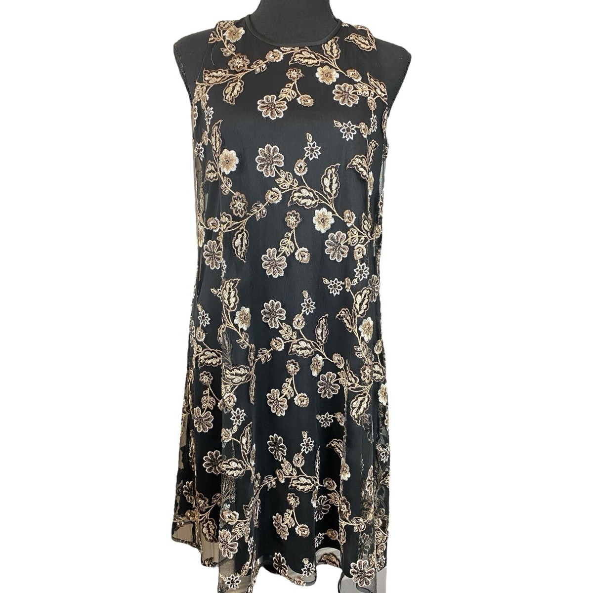 CALVIN KLEIN  Black Embroidered Floral Sleeveless A-Line Dress  Size 4 |  eBay