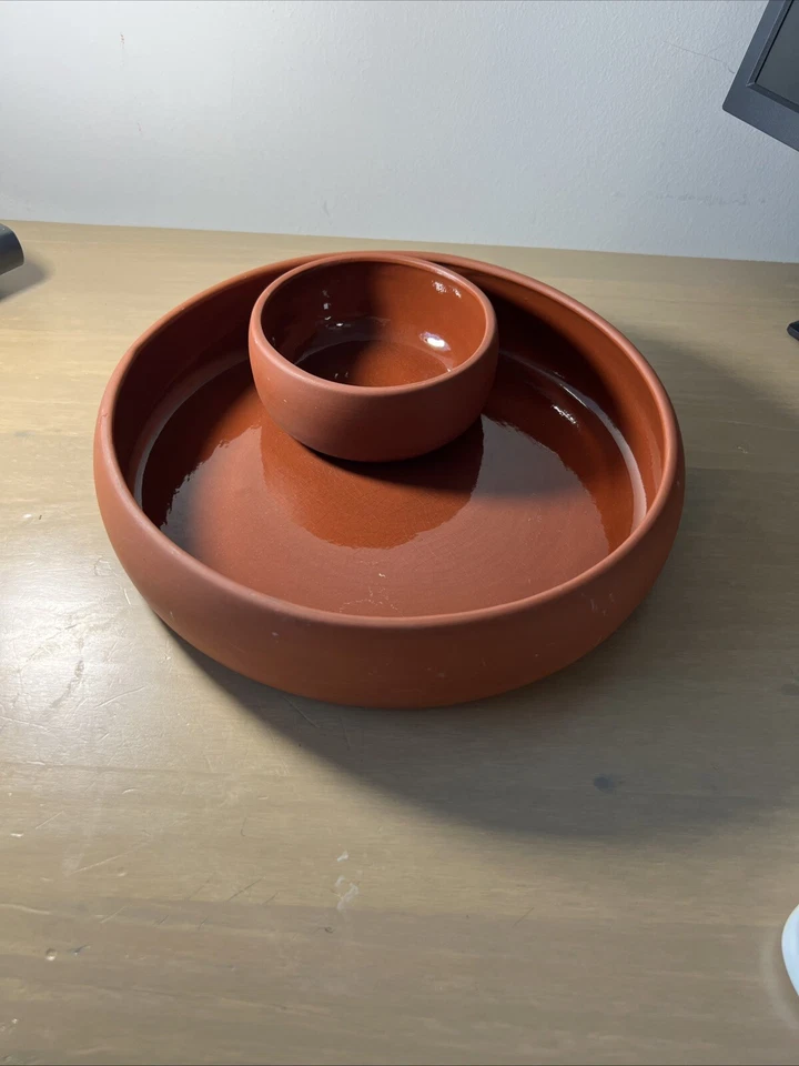 VTG BORTNER & BORTNER TerraCotta Glazed Round Chip & Dip Serving Tray Bowl 10” - Image 2 of 4