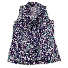 Ann Taylor Multicolor Purple Geometric Sleeveless Blouse Shirt Size S Tie Neck