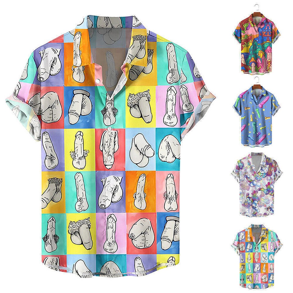 Mens Button Down Shirts Funny PenisPrint Hawaiian Tops Novelty Ugly Gag