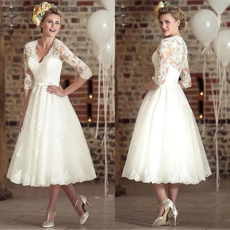 Vestidos de novia cuello en V manga 3/4 apliques botones espalda longitud té vestidos de novia Foto 2 de 4