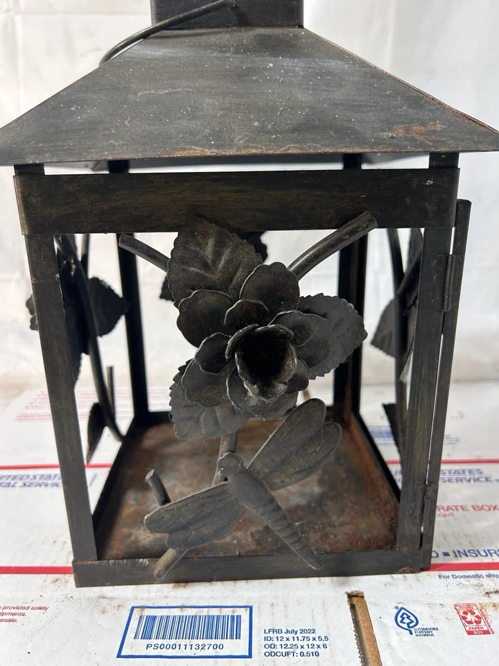 Large Metal 3D Rose Flower Candle Lantern Weathered Rustic Lantern 12x8x7 - Image 2 of 4