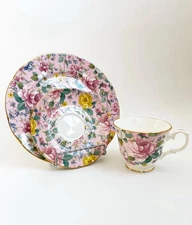 Vintage Set Of Chelsea Garden Primrose Pink Tea Cup, Saucer And Plate Bone China
