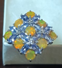 Sterling Silver Round Welo Opal, Tanzanite Square Cluster Cocktail Ring Sz 5