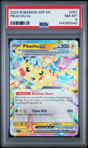 2024 POKEMON SSP EN-SURGING SPARKS #057 PIKACHU EX PSA 8 NEAR MINT HOLO RARE TCG