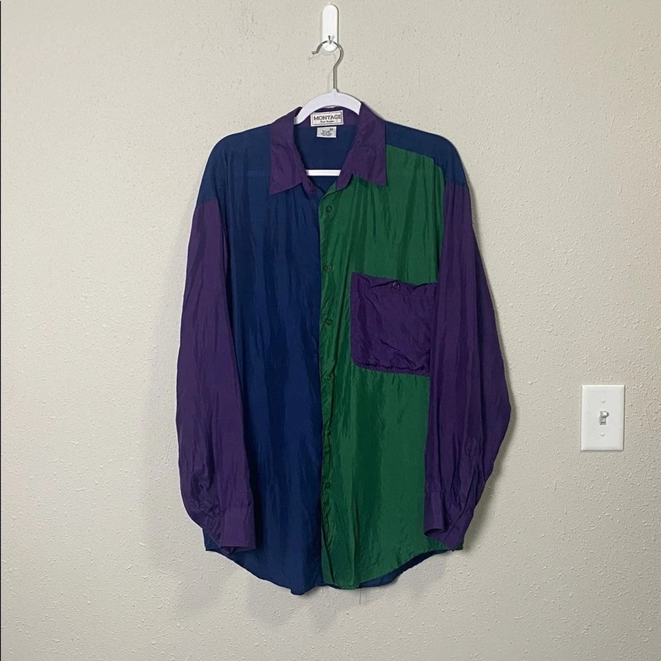 Vintage Montage Pour Homme 100% Silk Color-Block Button-Front Shirt Men's Size M - Image 2 of 4