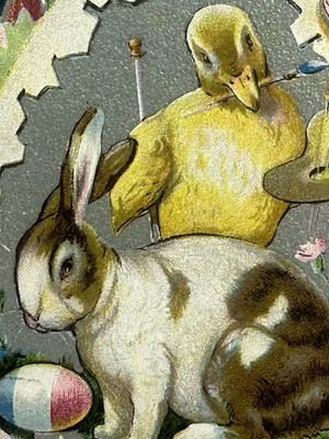 Easter Postcard Chick Paints Patriotic Egg Bunny Rabbit Big Egg Silver