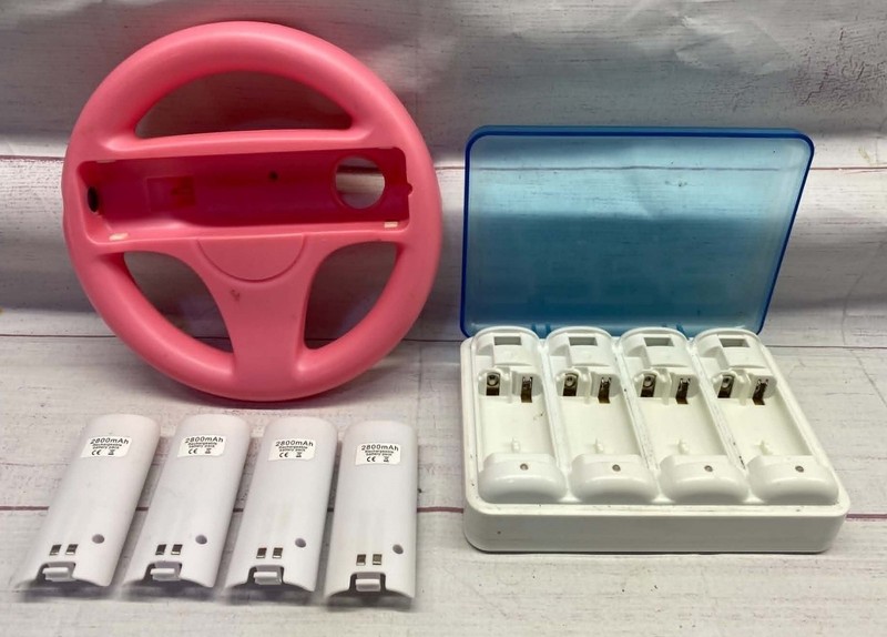 Nintendo Wii Bundle Charger w/Rechargeable Battery Packs Pink Steering Wheel