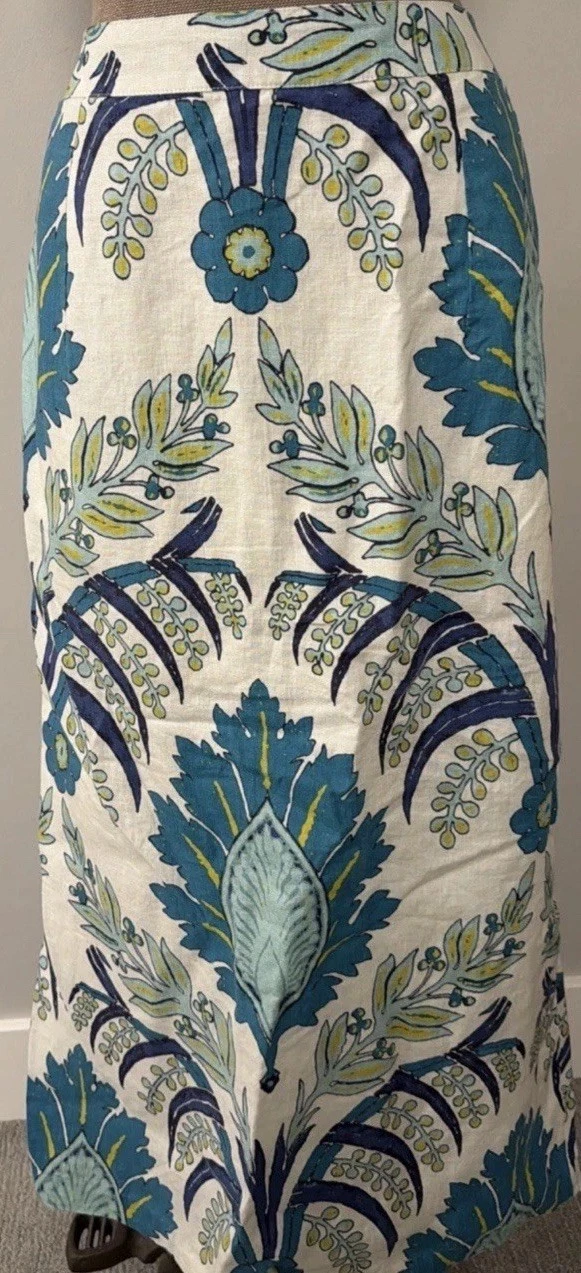 NEW Sundance Catalog Womens Teal Cream Floral VERENIA Linen Maxi Boho Skirt 4P