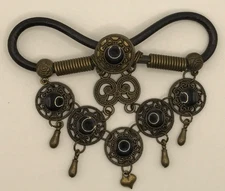 Vintage Bohemian Hair Barrette Leather Brass Faux Stones  (no stick )