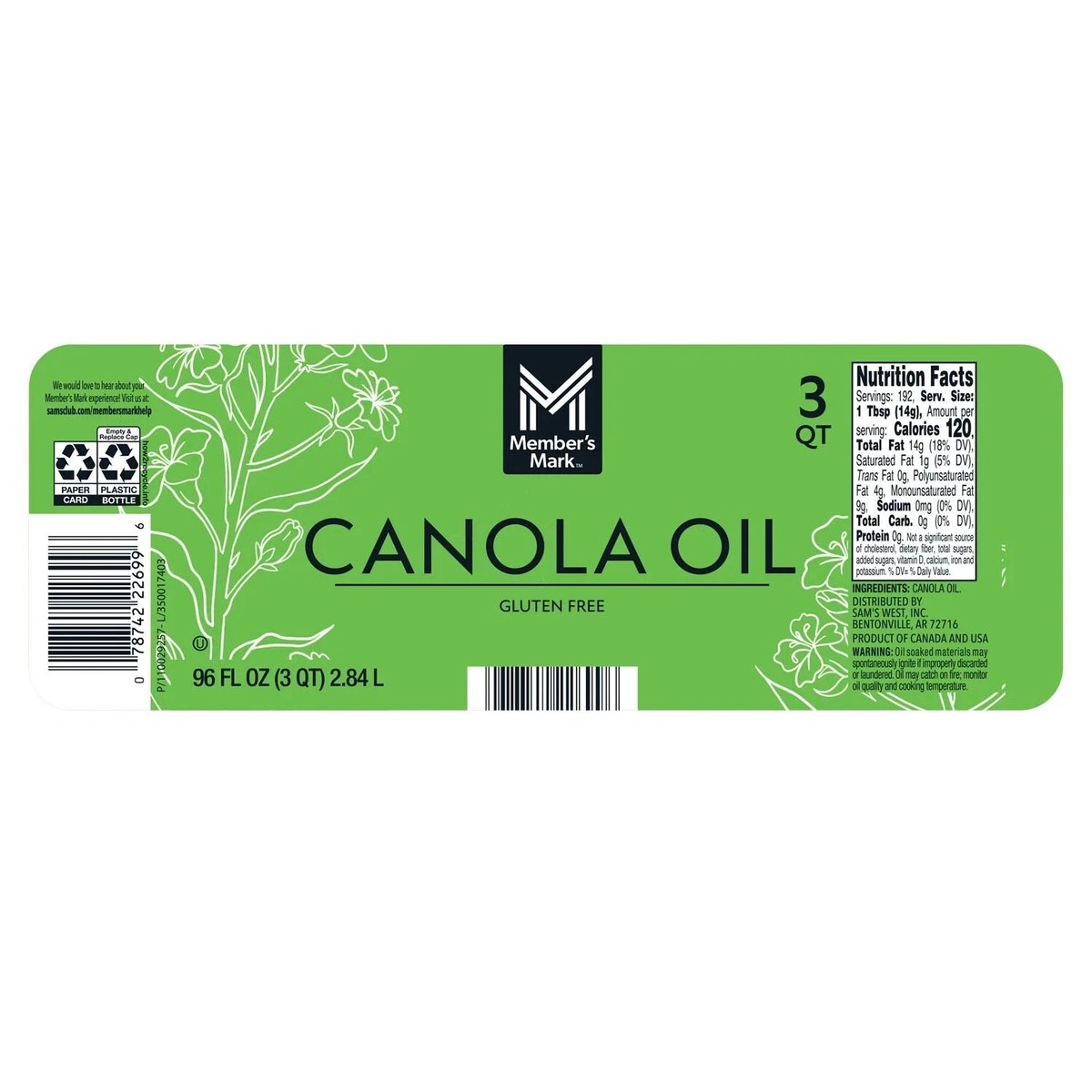 Member's Mark Canola Oil 192 fl oz Bulk Cooking Frying Oil. | eBay