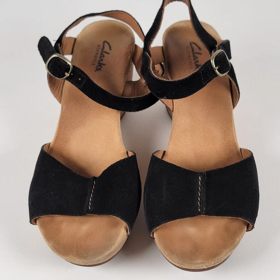Sandalias de cuña Clarks ANNADEL Orquídea Cuero Nubuck Negro Plataforma Remache Mujeres 8M Foto 2 de 4