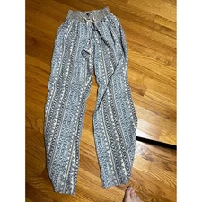 Rewash Linen blend Patterned Boho Pants Smocked Waist Drawstring Blue White L