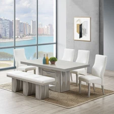 Kings Brand– Avilla 6-Piece Dining Set, Table, 4 Chairs & Bench, Champagne/White