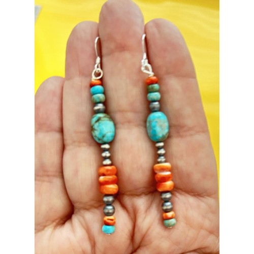 Boho Natural Turquoise, Spiny Oyster & 925 Silver Navajo Pearl Beaded Earrings - Picture 6 of 6