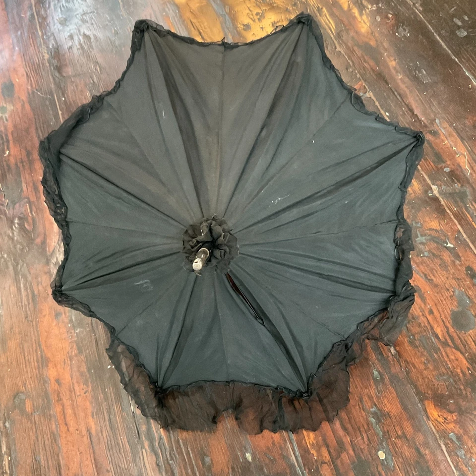 Antique Victorian Black Chiffon Mesh Mourning Parasol with Wooden Shaft Handle - Image 3 of 4