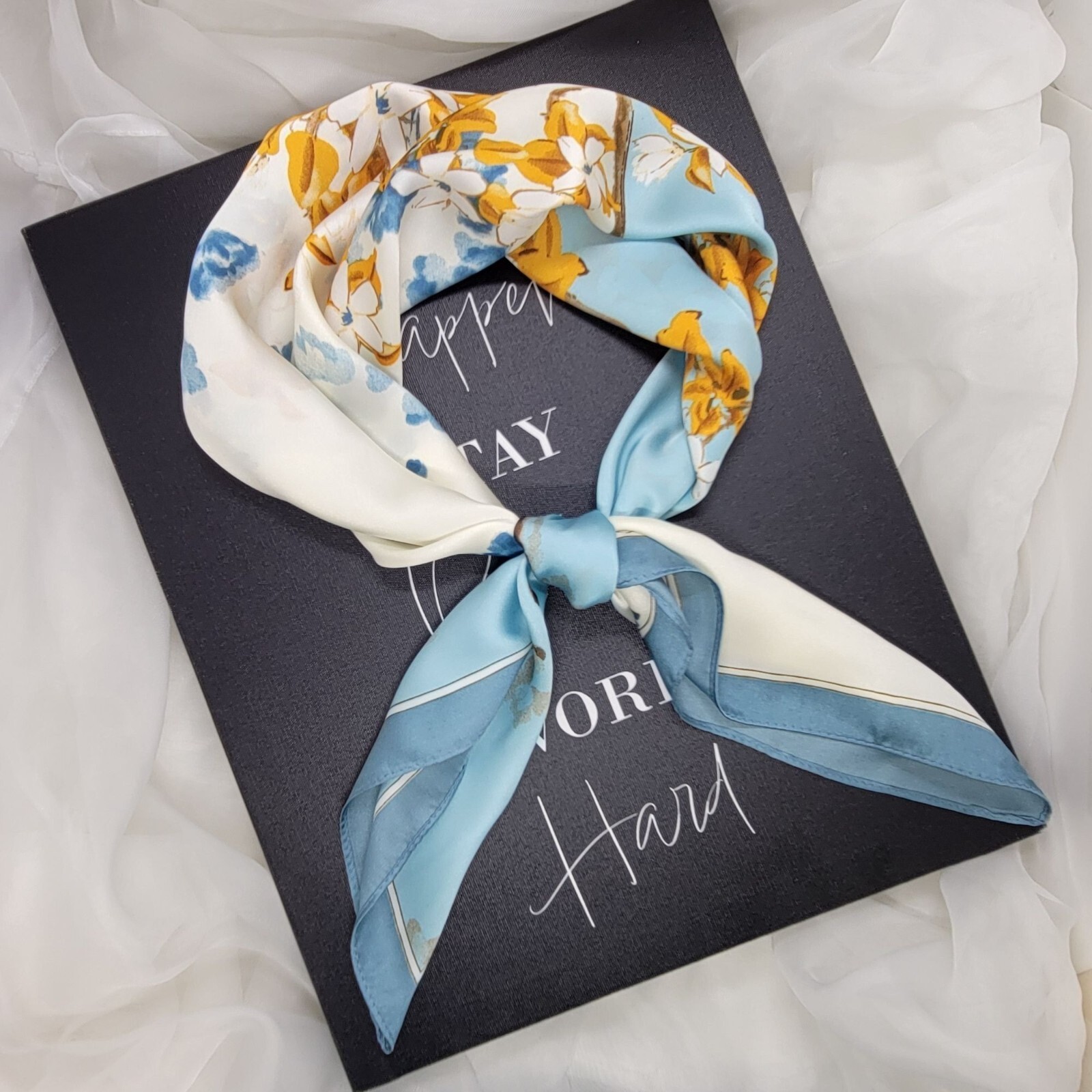 Elegant Floral Sky Blue Retro Silk Bandana Scarf-image