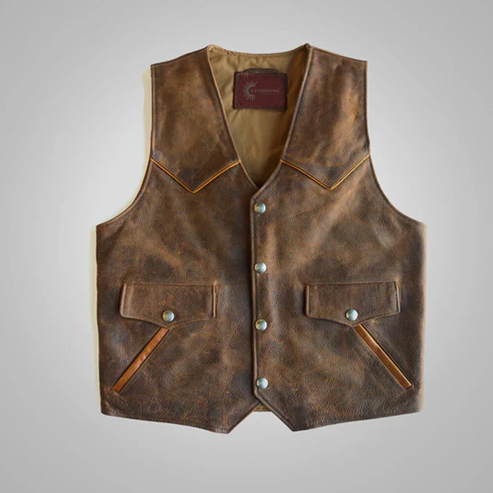 Men's Western Cowboy Biker Genuine Brown Leather Vest Vintage Style Waistcoat