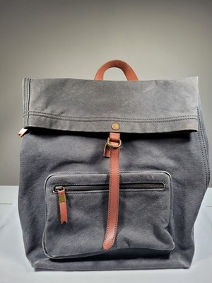Madewell Gray Canvas Brown Leather Straps Backpack Bag Minimalist Boho Rucksack