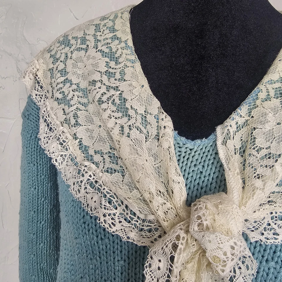 Suéter de punto azul Charter Club by Jane Justin de colección cuello de encaje para mujer talla M Foto 4 de 4