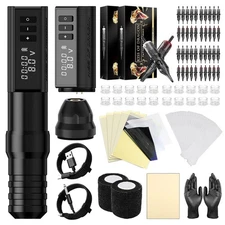 Wireless Tattoo Machine Pen Kit Complete Rotary Tattoo Gun Two 2400mAh Power ...