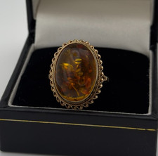 Gold Ring Amber Cabochon Oval Vintage Style Statement Ring Size M 3.14g 9ct