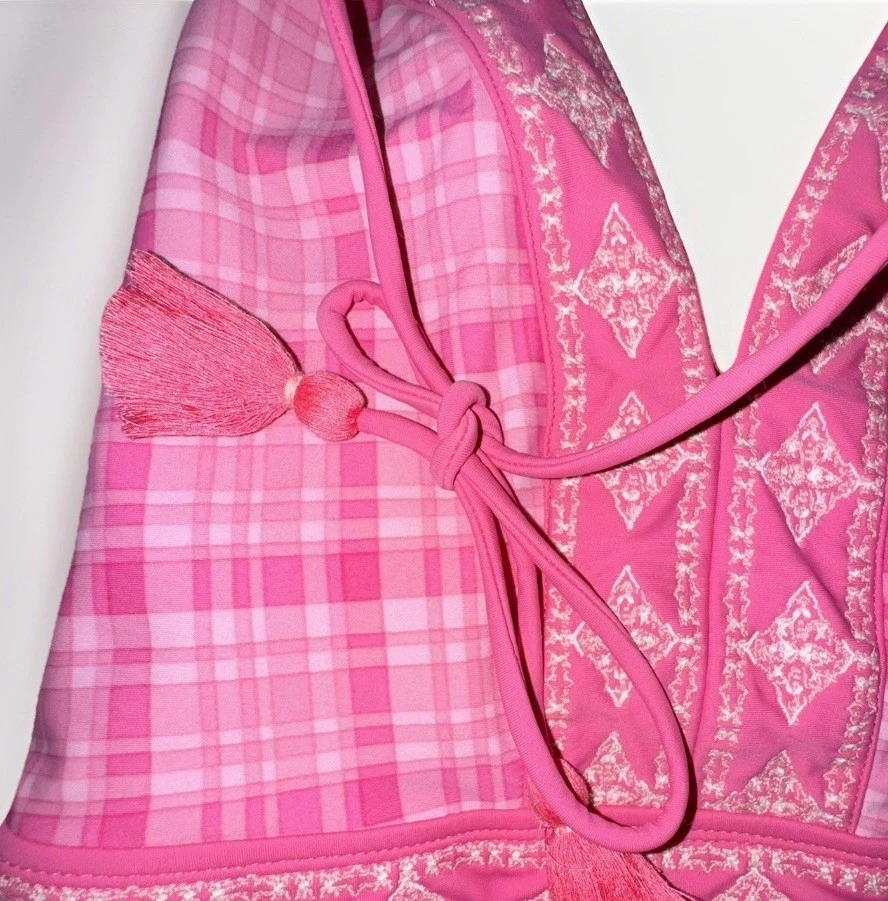 Traje de baño Cabana Life x Talbots de una pieza para mujer talla M rosa correas borlas Foto 4 de 4