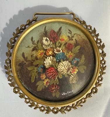 Vintage Miniature Oil Painting Floral Brass Frame Signed VAN HOLT 3.5  Art