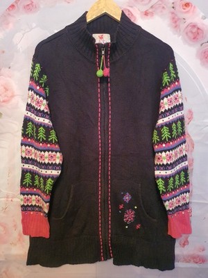 Quacker Factory Damen 1X Fair Isle Reißverschluss Strick Cardigan schwarz Weihnachtsbäume