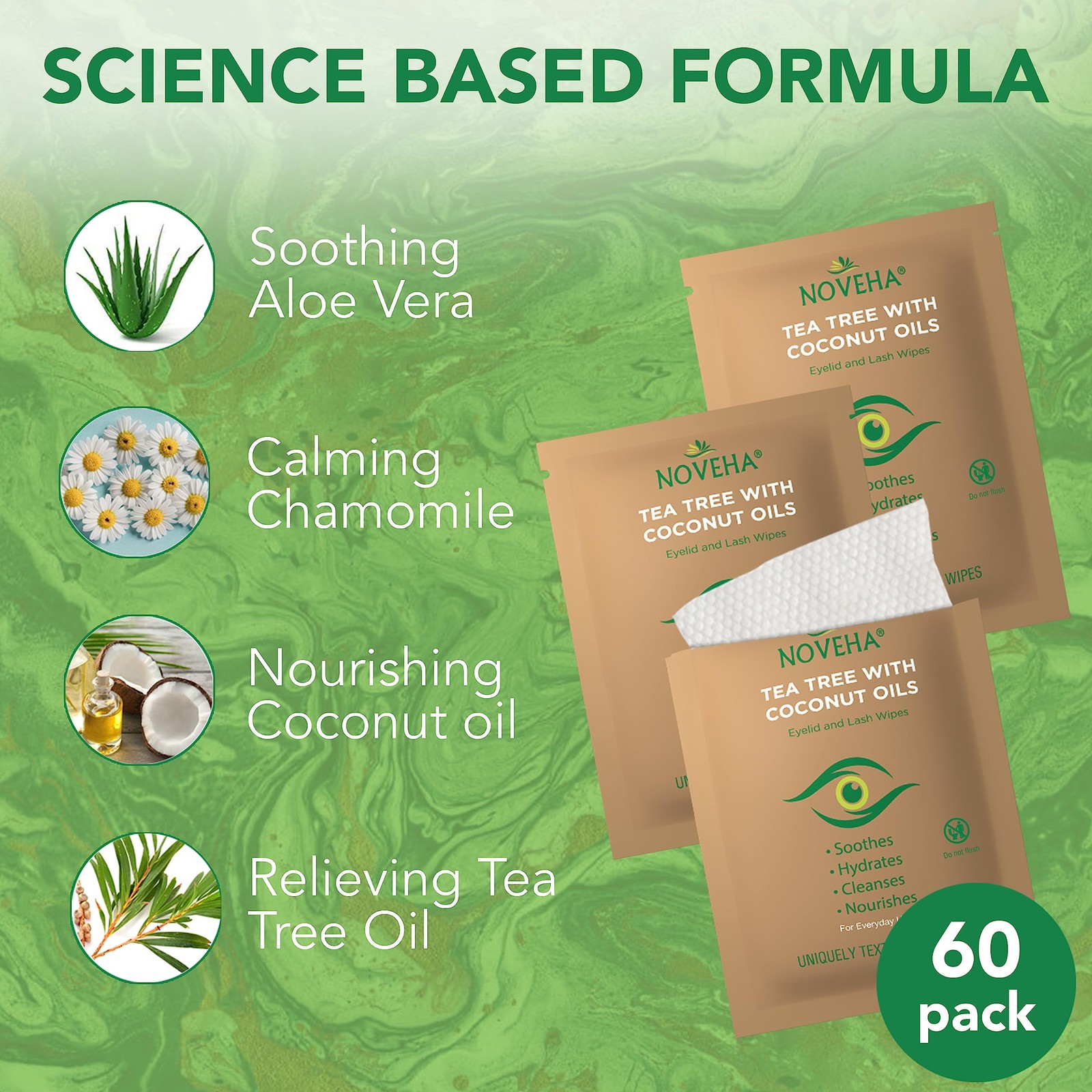 60 Pcs Eyelid Lash Wipes Tea Tree Coconut Oil for Demodex Blepharitis