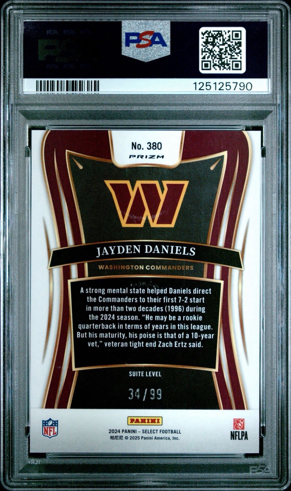 2024 Select JAYDEN DANIELS RC Blue Prizm Suite Level #380 /99 PSA 9 view 2