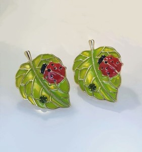Authentic Pretty Enamel 3D Ladybug and Leaf Gold Plated Lines Deco Stud Earrings