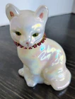 Vintage Fenton White Iridescent Opalescent Hand Painted Cat Figurine Signed T.D.