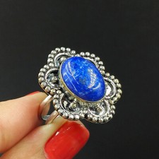 Natural Lapis Lazuli Oval Gemstone 925 Sterling Silver Ring Size-7.75 US