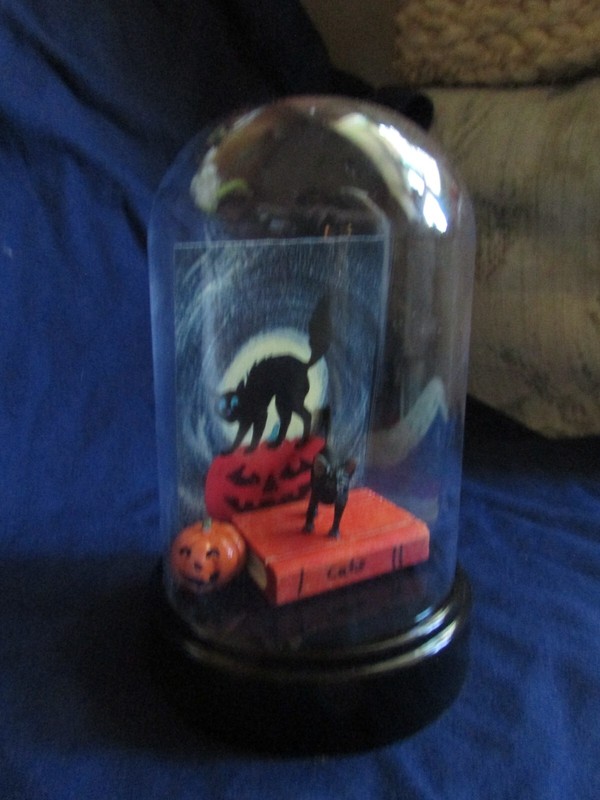 Small Cloche Dome w/ Cat, fake Cat book, Cat Picture, & Jack 'o' Lantern, ~5.5"