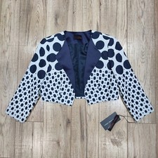 Frank Usher White & Navy Blue Polka Dot Bolero Cropped Jacket Shoulder Pads • 12