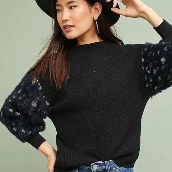 Anthropologie Knitted Knotted Mock Neck Fuzzy Sleeve Sweater Size Small
