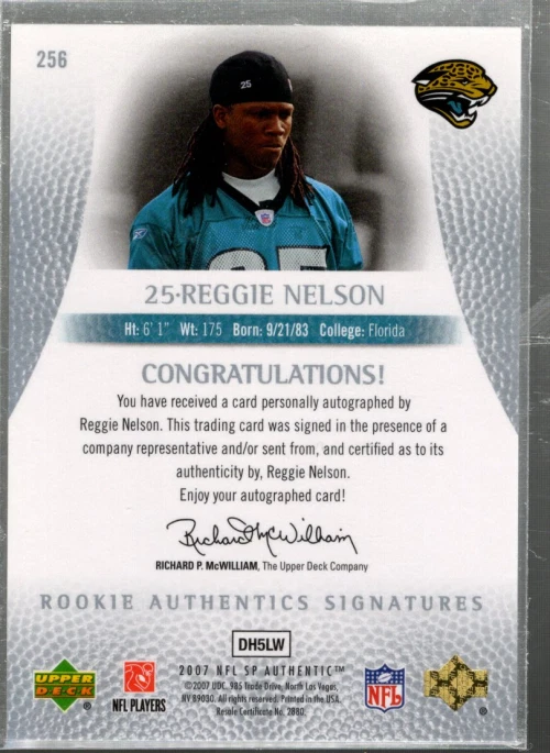 B0364- 2007 SP Authentic #256 Reggie Nelson RC Auto /399 - NM-MT - Image 2 of 2