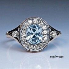 2.90CT Oval Cut Real Aquamarine 14K White Gold Finish Wedding Halo Jewelry Ring