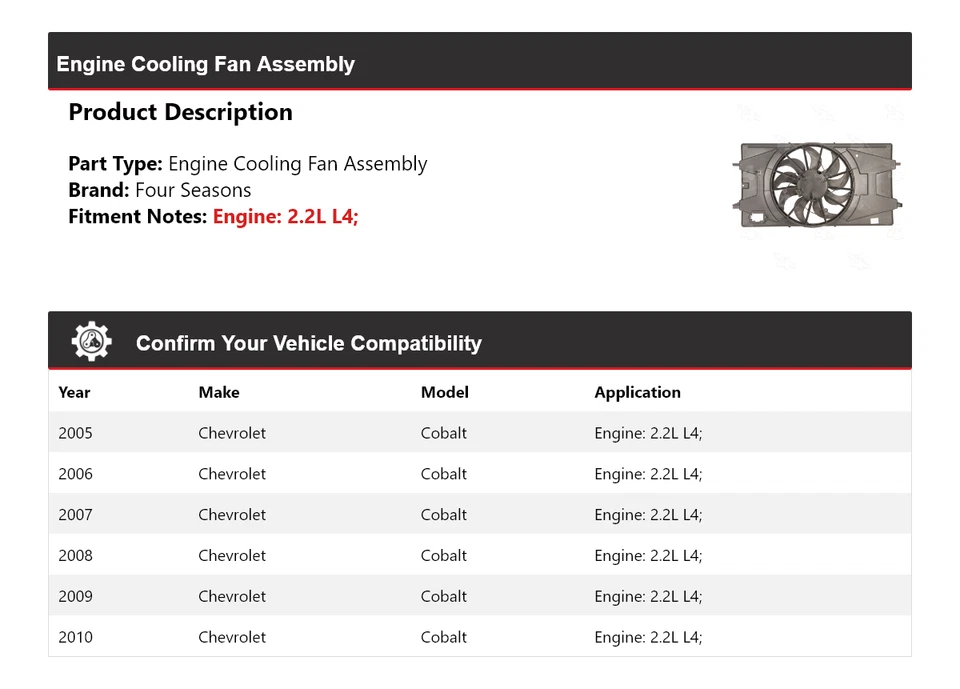 Conjunto de ventilador de refrigeración del motor L4 de 2,2 L para Chevrolet Cobalt 2005-2010 4 estaciones Foto 2 de 4