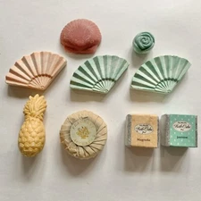 Lot of 9 Vintage Miniature Bathroom Soaps Fan Pineapple Shell Rose Cube Alwin