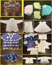  12 Crochet Handmade Baby Sweater Hat Bootie Blanket Dress Newborn-6 M Vtg Cute